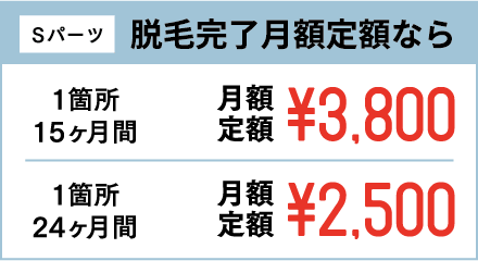 Sパーツ 脱毛完了月額定額なら 1箇所15ヶ月間 月額定額¥3,800 1箇所24ヶ月間 月額定額¥2,500